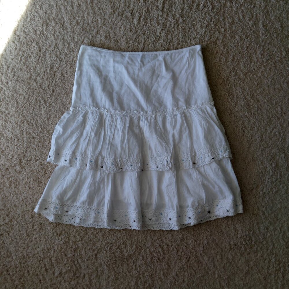 Vintage Y2K My Michelle White Tiered Midi Skirt with Crochet Lace and Beading